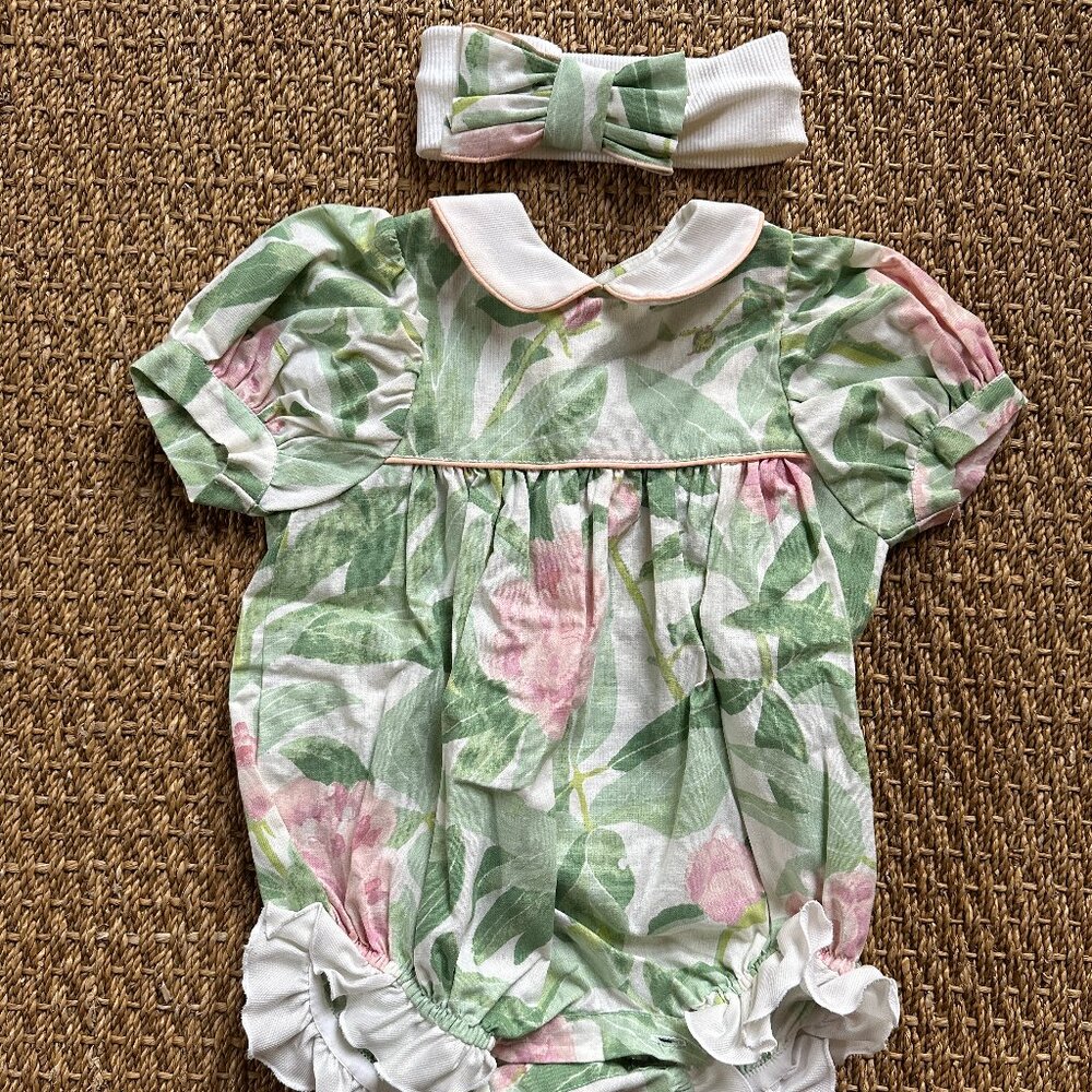 Pink and Green romper onesie with headband/bow. 6 Months. Tout Petit Peu.